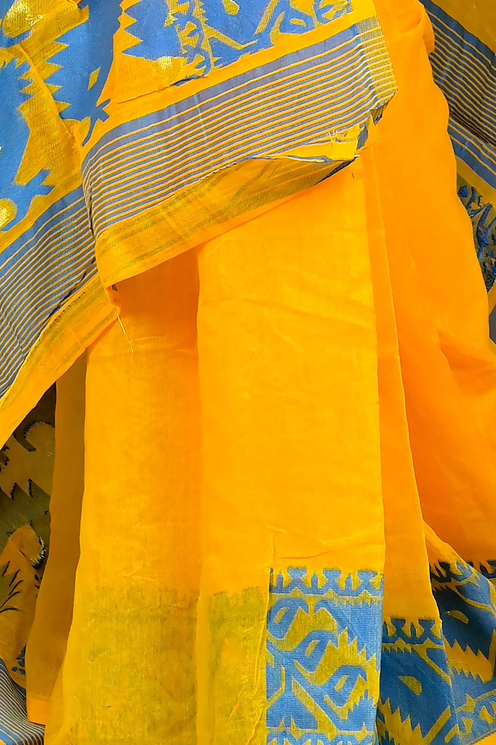 Yellow Blue Cotton Blended Parv Jamdani Saree (562)